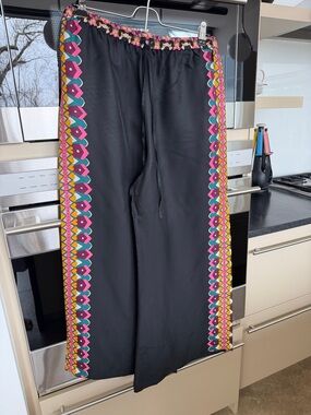 Jade Black Pants with Pink, Teal and Yellow Geometric Trim